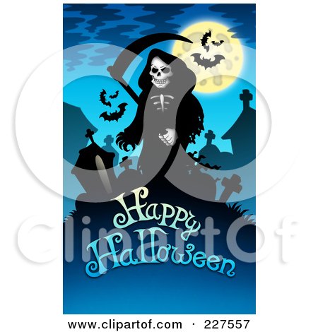 Royalty-Free (RF) Clipart Illustration of a Creepy Grim Reaper And Bats Over Happy Halloween Text On Blue by visekart