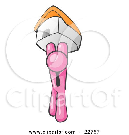 Clipart Illustration of a Pink Man Holding Up A House Over His Head, Symbolizing Home Loans and Realty by Leo Blanchette
