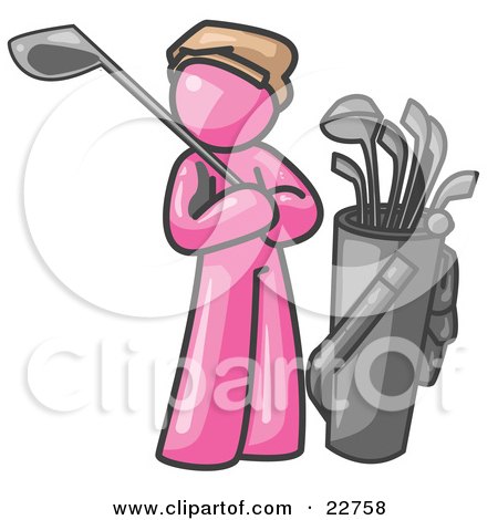 Clipart Illustration of a Pink Man Standing by His Golf Clubs by Leo Blanchette