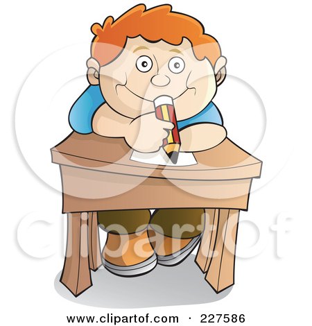 Royalty-Free (RF) Clipart Illustration of a Happy Red Haired School Boy Leaning Over His Desk And Holding A Pencil by YUHAIZAN YUNUS