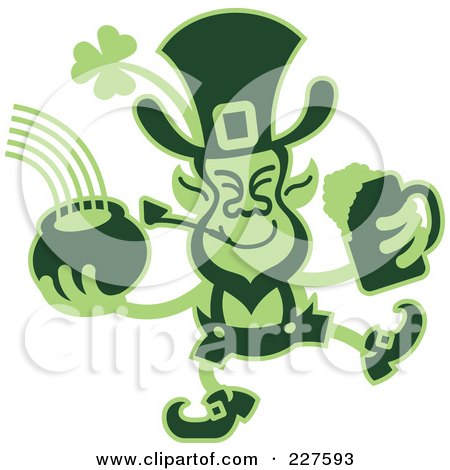 Royalty-Free (RF) Clipart Illustration of a Green Two Toned Leprecaun Holding A Beer And Pot Of Gold by Zooco