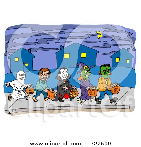 Royalty-Free (RF) Clipart Illustration of a Line Of Trick Or Treaters Carrying Halloween Candy Bags On A Sidewalk by LaffToon