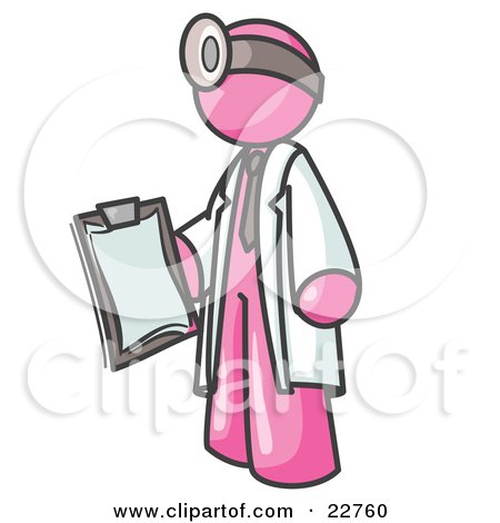 Clipart Illustration of a Pink Male Doctor Holding a Clipboard And Wearing a Head Lamp by Leo Blanchette