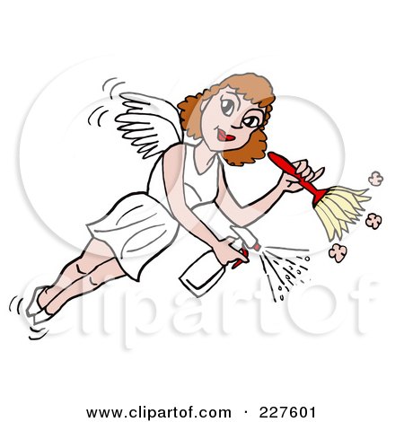 Royalty-Free (RF) Clipart Illustration of a Housekeeper Fairy Flying, Spraying And Using A Duster by LaffToon