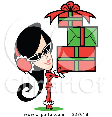 Royalty-Free (RF) Clipart Illustration of a Retro Woman Wearing A Santa Suit And Carrying A Pile Of Christmas Gifts by Andy Nortnik