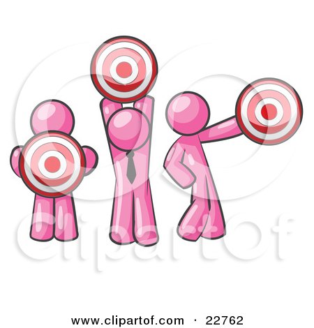 Clipart Illustration of a Group Of Three Pink Men Holding Red Targets In Different Positions by Leo Blanchette