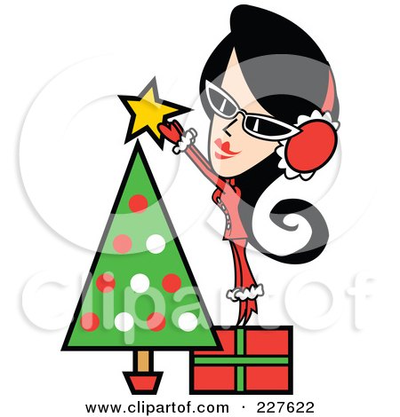 Royalty-Free (RF) Clipart Illustration of a Retro Woman Standing On A Gift And Putting A Star Topper On A Christmas Tree by Andy Nortnik