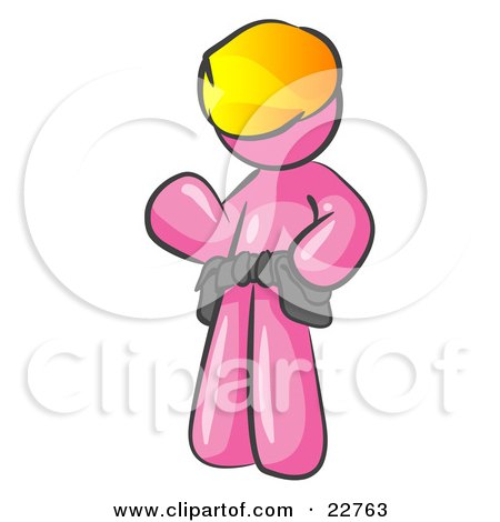 Clipart Illustration of a Friendly Pink Construction Worker Or Handyman Wearing A Hardhat And Tool Belt And Waving by Leo Blanchette