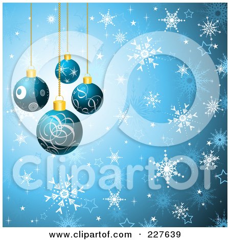 Royalty-Free (RF) Clipart Illustration of a Blue Christmas Background Of Snowflakes And Blue Ornaments by KJ Pargeter
