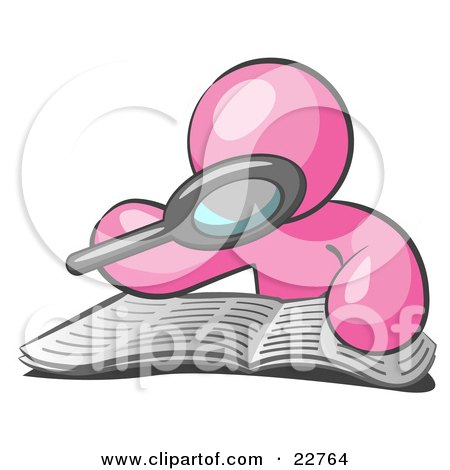 Clipart Illustration of a Pink Man Using A Magnifying Glass To Examine The Facts In The Daily Newspaper by Leo Blanchette