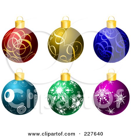 Royalty-Free (RF) Clipart Illustration of a Digital Collage Of Six Colorful Christmas Balls With Golden Tops by KJ Pargeter