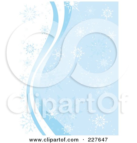 Royalty-Free (RF) Clip Art Illustration of a Blue And White Winter Background Of Waves And Snowflakes by KJ Pargeter
