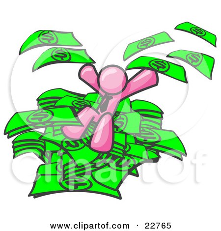 Clipart Illustration of a Pink Business Man Jumping in a Pile of Money and Throwing Cash Into the Air by Leo Blanchette