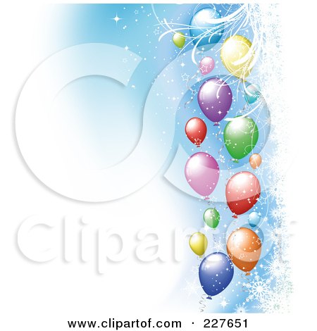 Royalty-Free (RF) Clipart Illustration of a Background Of Colorful Balloons With Snowflakes On Blue And White by KJ Pargeter