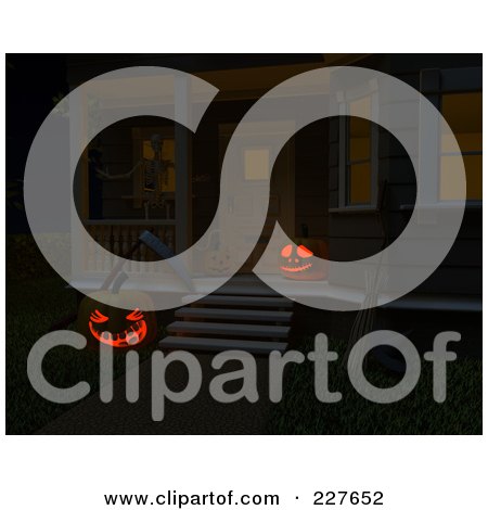 Royalty-Free (RF) Clipart Illustration of a 3d Jackolanterns Glowing By A Porch With A Skeleton By The Door by KJ Pargeter