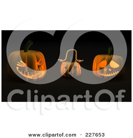 Royalty-Free (RF) Clipart Illustration of Three 3d Glowing Jackolanterns by KJ Pargeter