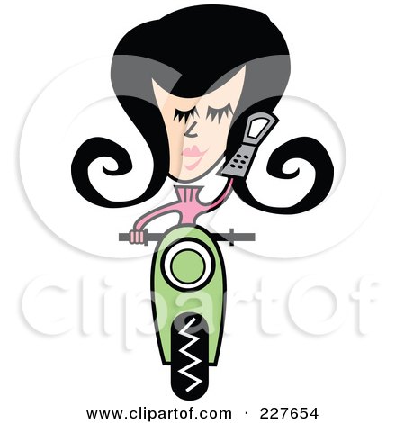 Royalty-Free (RF) Clipart Illustration of a Retro Woman Talking On A Cell Phone And Riding Forward On A Green Scooter by Andy Nortnik