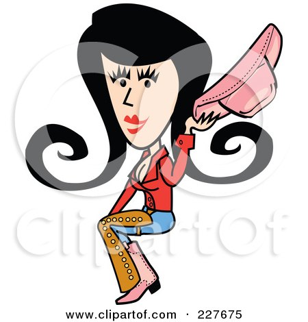 Royalty-Free (RF) Clipart Illustration of a Retro Cowgirl Woman Sitting And Holding Her Hat by Andy Nortnik