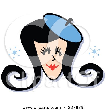 Royalty-Free (RF) Clipart Illustration of a Retro Woman's Face With A Blue Hat And Snowflakes by Andy Nortnik