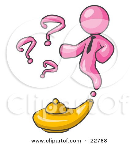 Clipart Illustration of a Pink Genie Man Emerging From a Golden Lamp With Question Marks by Leo Blanchette