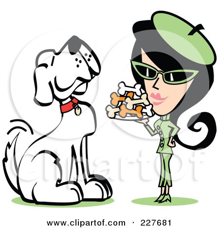 Royalty-Free (RF) Clipart Illustration of a Retro Woman In A Green Suit, Serving A Large Dog Biscuits by Andy Nortnik