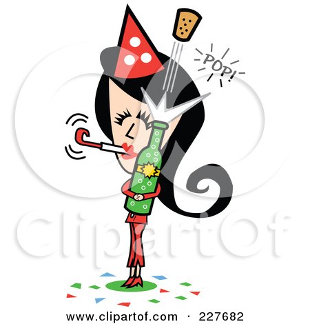 Royalty-Free (RF) Clipart Illustration of a Retro Woman Blowing A New Years Noise Maker And Popping A Cork Off Of Champagne by Andy Nortnik