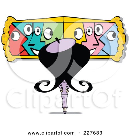 Royalty-Free (RF) Clipart Illustration of a Retro Woman Viewing Abstract Art In A Museum by Andy Nortnik