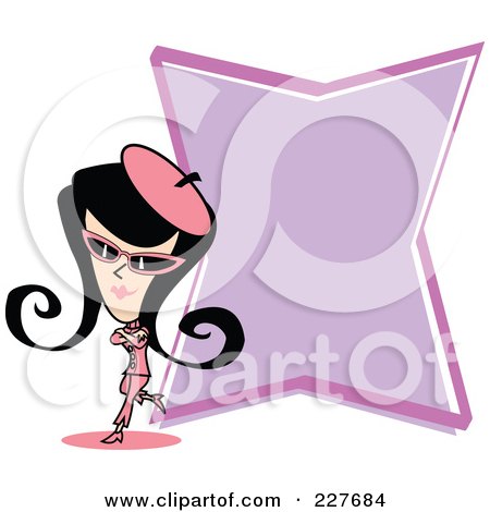 Royalty-Free (RF) Clipart Illustration of a Retro Woman Leaning Against A Purple Sign by Andy Nortnik
