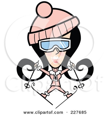 Royalty-Free (RF) Clipart Illustration of a Retro Woman Jumping And Skiing by Andy Nortnik