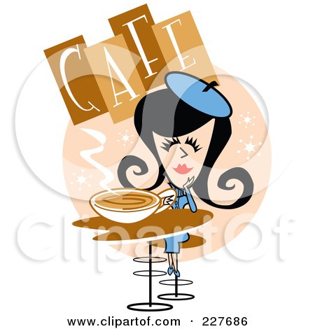Royalty-Free (RF) Clipart Illustration of a Retro Woman Drinking Coffee In A Cafe by Andy Nortnik
