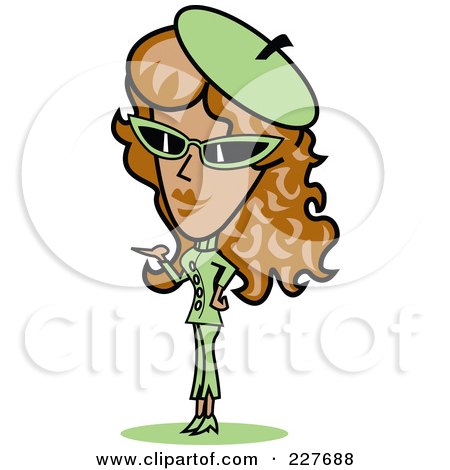 Royalty-Free (RF) Clipart Illustration of a Retro Woman In A Green Hat, Sunglasses And Suit, Standing And Presenting by Andy Nortnik