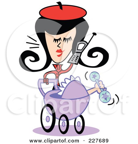 Royalty-Free (RF) Clipart Illustration of a Retro Woman Mother Pushing A Baby Pram And Talking On A Cell Phone by Andy Nortnik