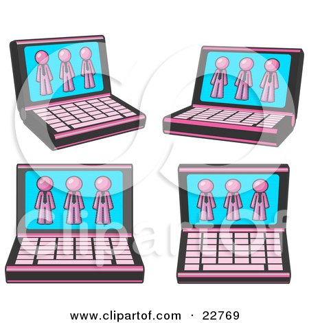Clipart Illustration of Four Laptop Computers With Three Pink Men on Each Screen by Leo Blanchette
