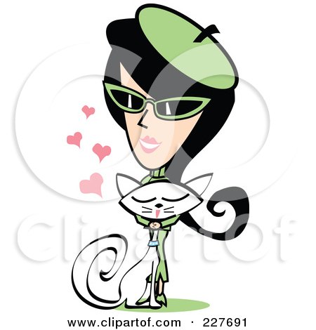 Royalty-Free (RF) Clipart Illustration of a Retro Woman In A Green Suit, Petting Her Cat by Andy Nortnik