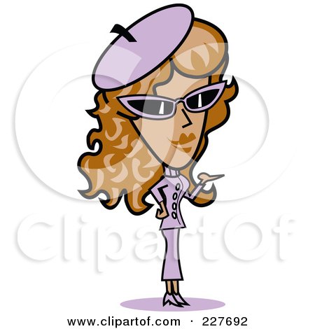 Royalty-Free (RF) Clipart Illustration of a Retro Woman In A Purple Hat, Sunglasses And Suit, Standing And Presenting by Andy Nortnik