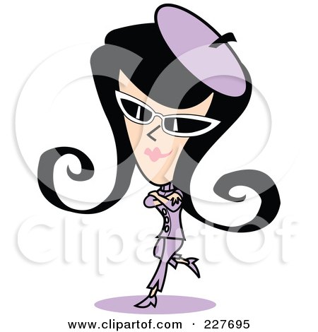 Royalty-Free (RF) Clipart Illustration of a Retro Woman In A Purple Suit, Hat And Shades, Leaning With Her Arms Crossed by Andy Nortnik
