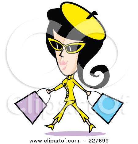 Royalty-Free (RF) Clipart Illustration of a Retro Woman Shopping And Walking In A Yellow Suit by Andy Nortnik