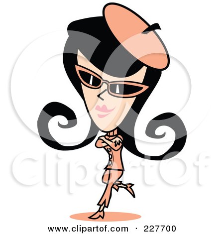 Royalty-Free (RF) Clipart Illustration of a Retro Woman In A Salmon Pink Hat, Shades And Suit, Leaning With One Leg Back And Her Arms Crossed by Andy Nortnik