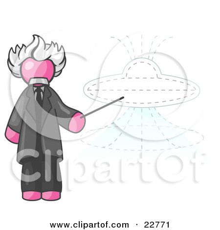Clipart Illustration of a Pink Einstein Man Pointing a Stick at a Presentation of a Flying Saucer by Leo Blanchette