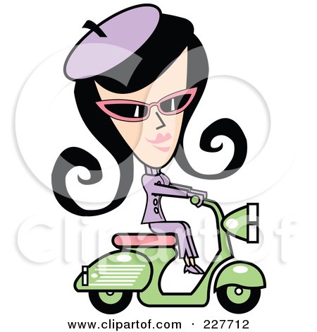 Royalty-Free (RF) Clipart Illustration of a Retro Woman Riding A Green Scooter by Andy Nortnik