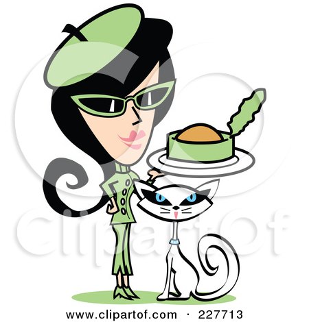 Royalty-Free (RF) Clipart Illustration of a Retro Woman In A Green Suit, Feeding Canned Food To Her Cat by Andy Nortnik
