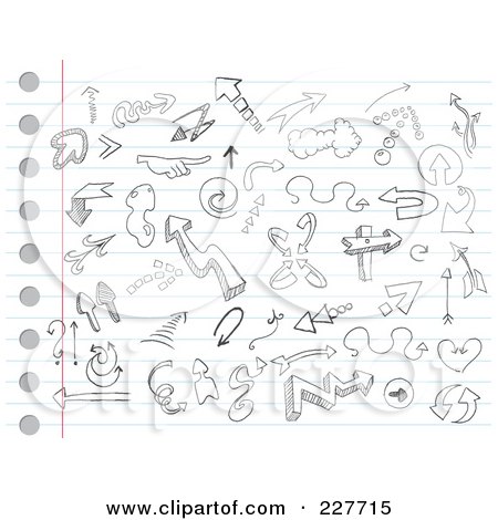Royalty-Free (RF) Clipart Illustration of a Digital Collage Of Black And White Doodled Arrows On Ruled Paper by yayayoyo