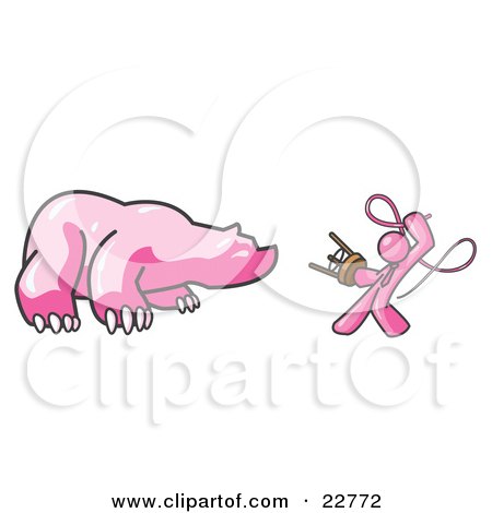 Clipart Illustration of a Pink Man Holding a Stool and Whip While Taming a Bear, Bear Market by Leo Blanchette