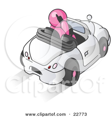 Clipart Illustration of a Pink Businessman Talking on a Cell Phone While Driving in a White Convertible Car by Leo Blanchette