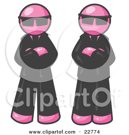 Clipart Illustration of Two Pink Men Standing With Their Arms Crossed, Wearing Sunglasses and Black Suits by Leo Blanchette