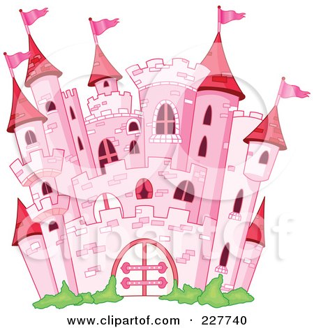 Royalty-Free (RF) Clipart Illustration of a Pink Stone Castle With Red Turrets And Pink Flags by yayayoyo