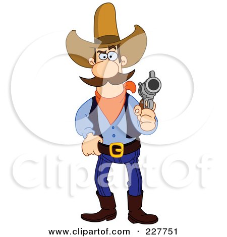 Royalty-Free (RF) Clipart Illustration of a Western Cowboy Touching His Belt And Holding A Gun by yayayoyo