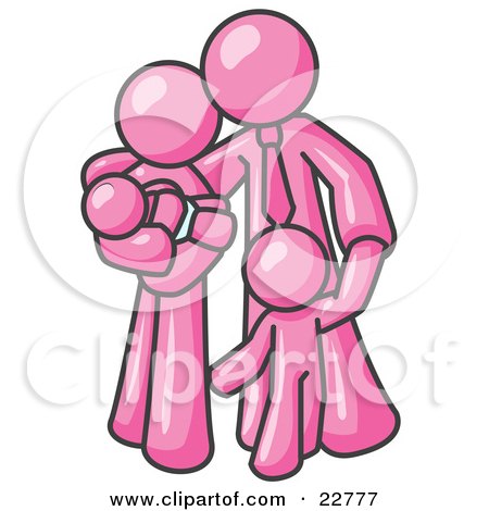 Clipart Illustration of a Pink Family Man, a Father, Hugging His Wife and Two Children by Leo Blanchette