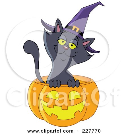 Royalty-Free (RF) Clipart Illustration of a Happy Black Cat Wearing A Witch Hat And Emerging From A Jackolantern by yayayoyo