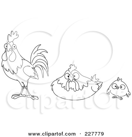 Royalty-Free (RF) Clipart Illustration of a Coloring Page Outline Of A Chick, Hen And Rooster by yayayoyo